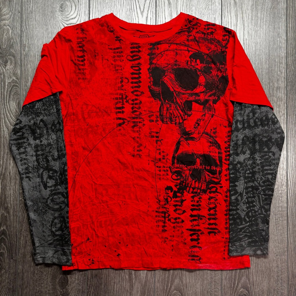 MMA Elite Mens Red Skull Graphic Faux Layered Long Sleeve Shirt Large Y2K Style